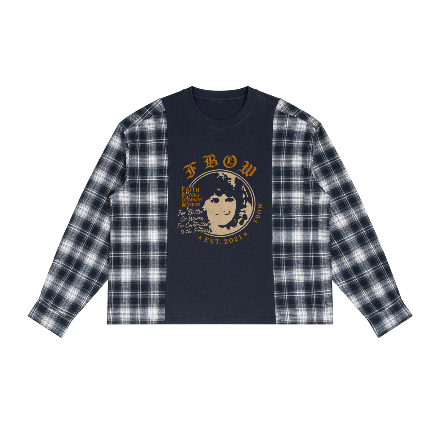 Unisex Plaid Panel Long Sleeve T-Shirt